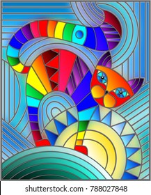 Illustration in stained glass style with abstract geometric rainbow cat