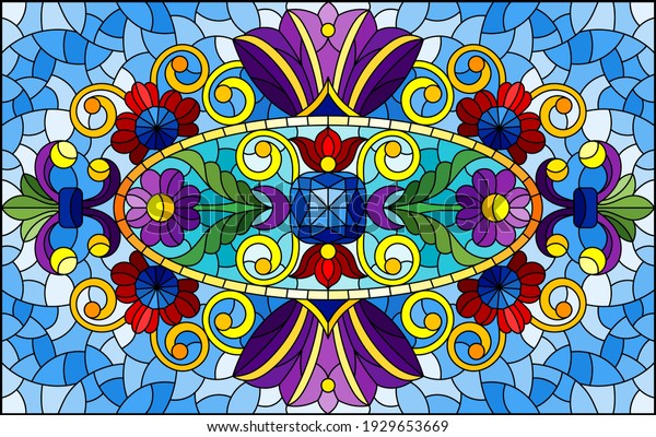 青の背景にステンドグラススタイルのイラストと抽象的な花 葉 カール 長方形の水平イメージ のベクター画像素材 ロイヤリティフリー