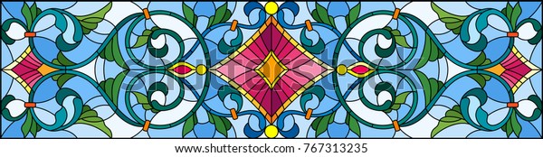 青の背景にステンドグラススタイルのイラトスと抽象的な渦 花 葉 水平方向 のベクター画像素材 ロイヤリティフリー