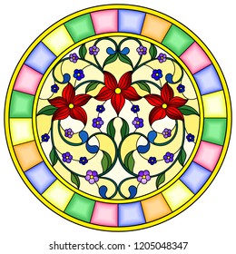 Illustration in stained glass style with abstraction red  flowers and leaves  on a yellow background in a bright frame
