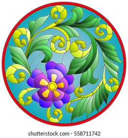 Illustration in stained glass style with abstraction flowers and leaves  round frame