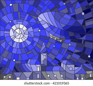 Illustration in stained glass style airship over a city at night amid the stars and moon, cityscape in blue tone