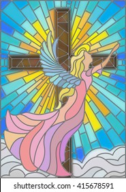 Illustration in stained glass style with an angel on the background of the cross ,sky and clouds