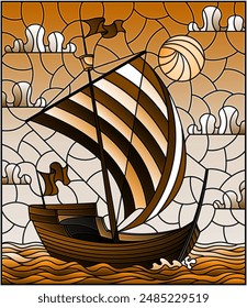 Ilustración en estilo vitral con barco antiguo con una vela roja a rayas contra el mar, cielo y sol, tono marrón