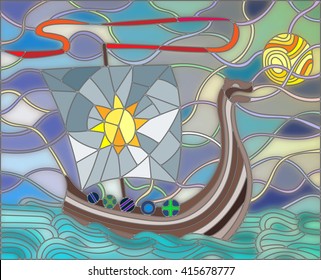 Illustration in stained glass style with antique ship against the sea, sky and sun