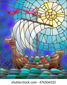 Illustration in stained glass style with antique ship against the sea, sky and sun