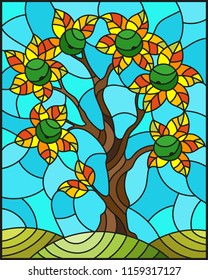 Illustration in stained glass style with an  apple tree standing alone on a hill against the sky