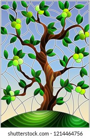 Illustration in stained glass style with an  apple tree standing alone on a hill against the sky