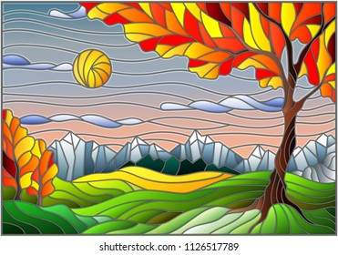 Illustration in stained glass style with autumn landscape,  tree on mountain landscape and Sunny sky background