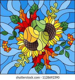 Illustration in stained glass style with autumn composition, bright leaves,flowers and fruits on blue background, rectangular image