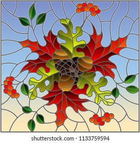 Illustration in stained glass style with autumn composition, bright leaves and fruits on blue background, rectangular image