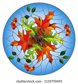 Illustration in stained glass style with autumn composition, bright leaves and fruits on blue background, round image