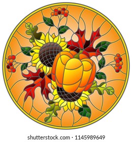 Illustration in stained glass style with autumn composition, bright leaves,flowers and pumpkin on orange background, round image