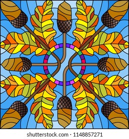 Illustration in stained glass style with autumn composition of oak leaves and acorns, square image