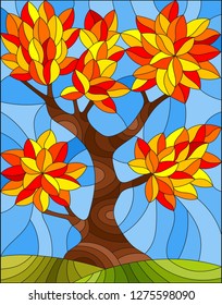 Illustration in stained glass style with autumn tree on sky background 