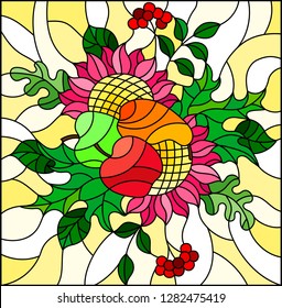 Illustration in stained glass style with autumn composition, bright leaves,flowers and fruits on yellow  background, rectangular image