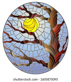 Illustration in stained glass style with autumn bare tree on sky background and sun, oval image 