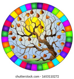 Illustration in stained glass style with autumn tree on sky background and sun, round image in bright frame