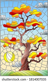 Illustration in stained glass style with autumn tree on sky background with clouds and sun