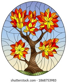 Illustration in stained glass style with autumn tree on background sky, oval image