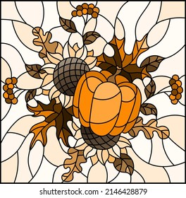 Illustration in stained glass style with autumn composition, bright leaves,flowers and fruits on light background, rectangular image, tone brown