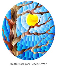 Illustration in stained glass style with autumn bare tree on sky background and sun, oval image 