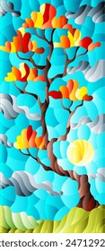 Ilustración en estilo vitral con árbol de otoño sobre fondo de cielo con nubes y sol, otoño