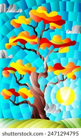 Ilustración en estilo vitral con árbol de otoño sobre fondo de cielo con nubes y sol, otoño