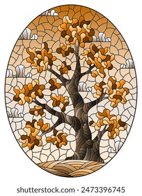 Ilustración en el estilo vitral con un árbol de otoño, sobre un fondo de un prado y un cielo, Imagen oval, tono marrón