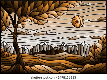 Illustration in stained glass style with autumn landscape,  tree on mountain landscape and Sunny sky background, tone brown