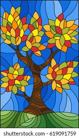 Illustration in stained glass style with autumn tree on sky background 