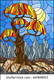 Illustration in stained glass style with autumn abstract tree on the background of sky, sun and mountains

