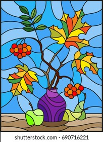 
Illustration in stained glass style with autumn still life, branches of mountain ash and maple in purple vase and fruit on a blue background