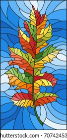 Illustration in stained glass style with a autumn  leaf on a blue background