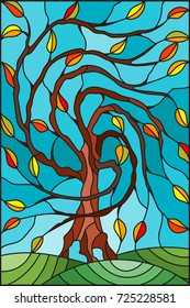 Illustration in stained glass style with autumn willow tree on sky background 