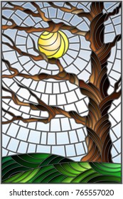 Illustration in stained glass style with autumn bare tree on sky background and sun