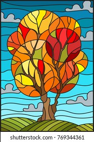 Illustration in stained glass style with autumn tree on sky background with clouds