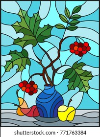 Illustration in stained glass style with autumn still life, branches of mountain ash and maple in blue  vase and fruit on a blue background