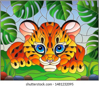 Illustration in stained glass style with baby leopard on the hunt, animal on the background of tropical leaves