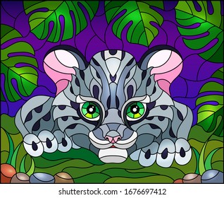 Illustration in stained glass style with baby leopard on the hunt, animal on the background of tropical leaves and sky