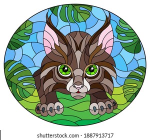 Illustration in stained glass style with baby lynx on the hunt, animal on the background of tropical leaves, oval image