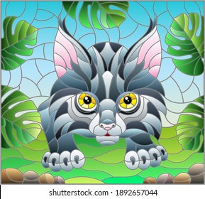 Illustration in stained glass style with baby lynx on the hunt, animal on the background of tropical leaves