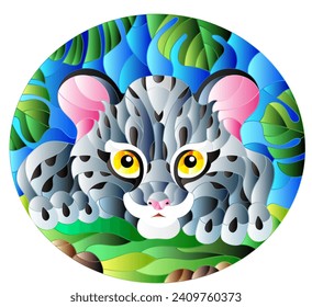 Illustration in stained glass style with baby leopard on the hunt, animal on the background of tropical leaves, oval image 
