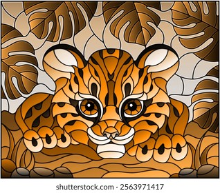 Illustration in stained glass style with baby leopard on the hunt, animal on the background of tropical leaves, tone brown