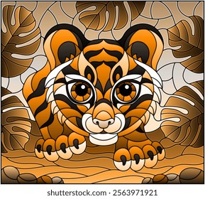 Illustration in stained glass style with baby tiger on the hunt, animal on the background of tropical leaves, tone brown