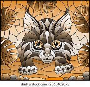 Illustration in stained glass style with baby lynx on the hunt, animal on the background of tropical leaves, tone brown