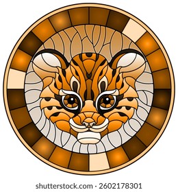 Illustration in stained glass style with baby leopard head, round picture in frame, tone brown