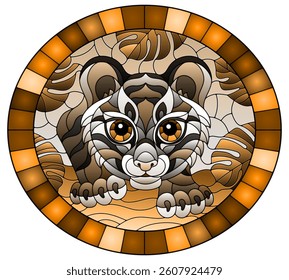 Illustration in stained glass style with baby tiger on the hunt, animal on the background of tropical leaves, oval image in frame, tone brown