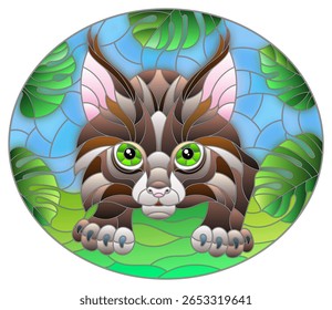 Ilustração em estilo de vitral com lince bebê na caça, animal no fundo de folhas tropicais, imagem oval