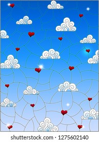 Illustration in stained glass style with a background image of the sky, clouds and hearts on a blue sky background